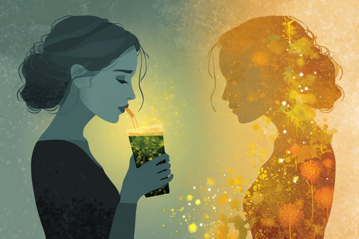 This shows a woman drinking soda and a shadow of a woman.