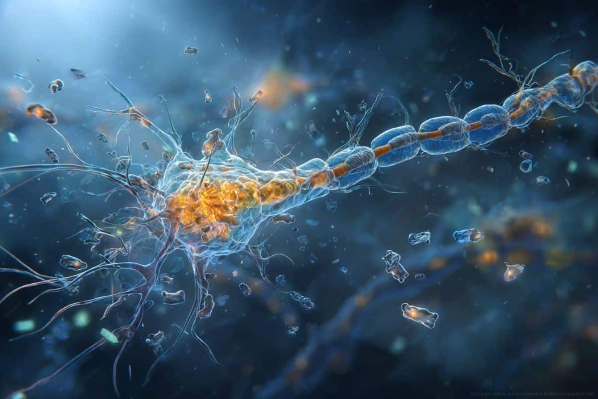 This shows a neuron and plastic particles.