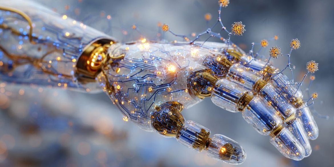 This shows a robotic had with MOF neurons and glowing neurotrasmission flow.