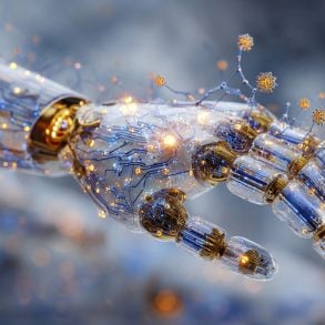This shows a robotic had with MOF neurons and glowing neurotrasmission flow.