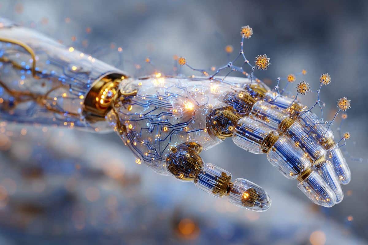 This shows a robotic had with MOF neurons and glowing neurotrasmission flow.