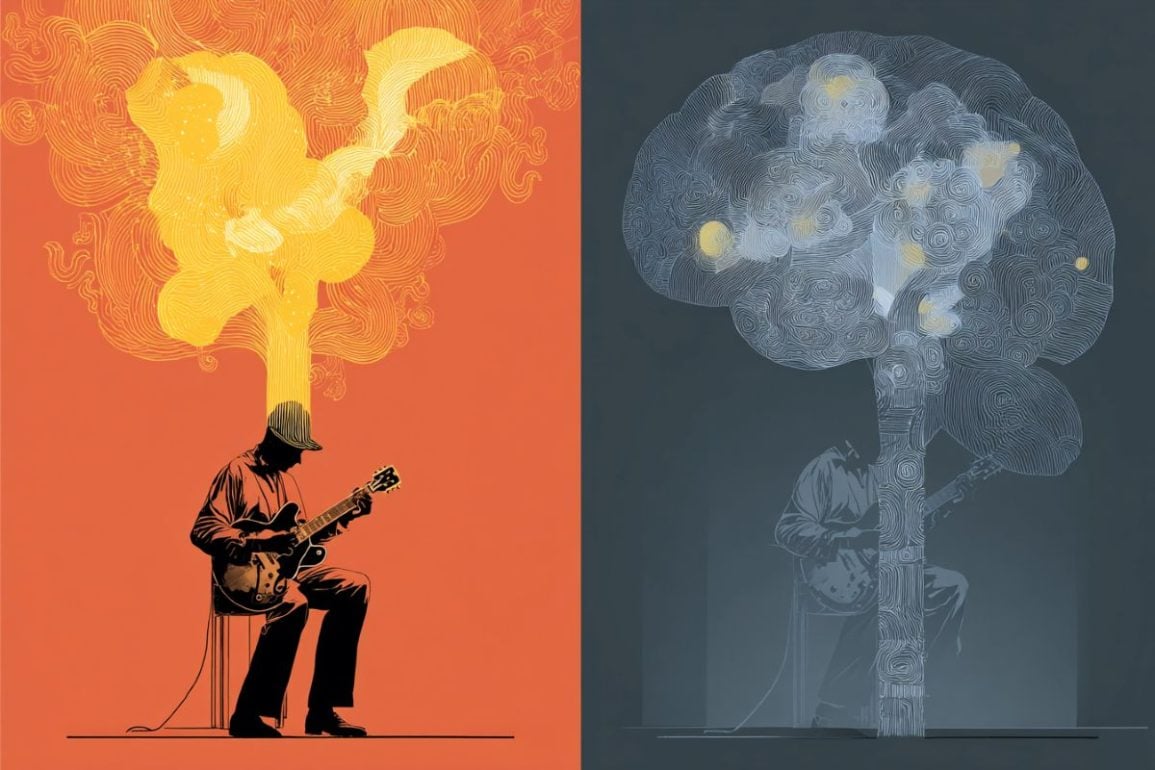 This shows a person playing a guitar and a brain.