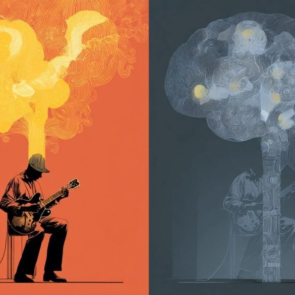 This shows a person playing a guitar and a brain.