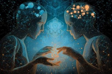 This shows the outline of two people with their hands touching and oxytocin molecules floating around them.