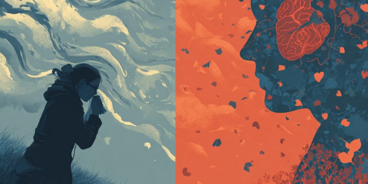 This shows a woman surrounded by pollen, sneezing.