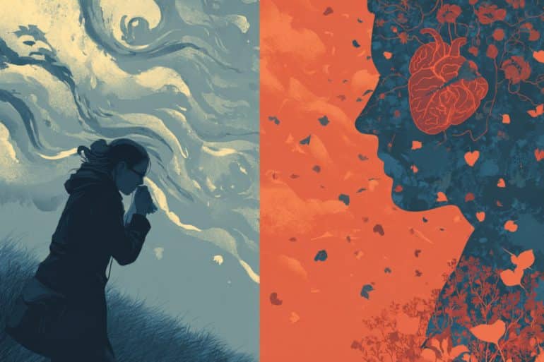 This shows a woman surrounded by pollen, sneezing.
