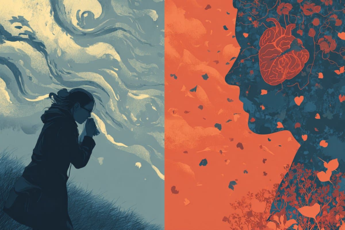 This shows a woman surrounded by pollen, sneezing.