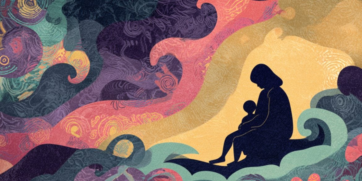 This shows a mom and child with a swirly background.