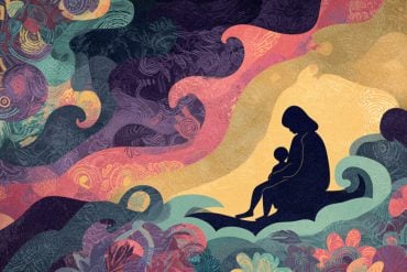 This shows a mom and child with a swirly background.