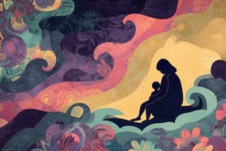 This shows a mom and child with a swirly background.