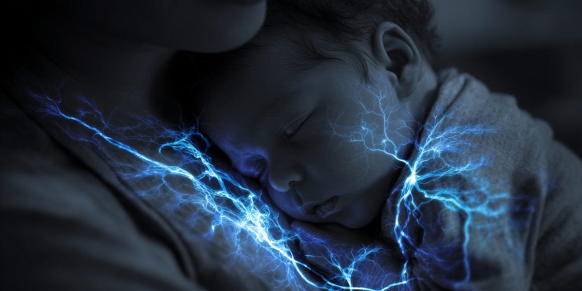 This shows a baby snuggling to its mom.