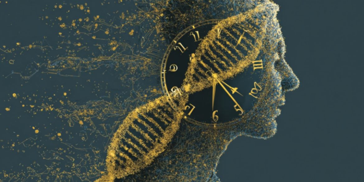 This shows the outline of a person, DNA, and a clock.