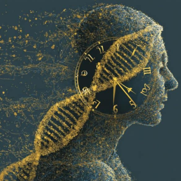 This shows the outline of a person, DNA, and a clock.
