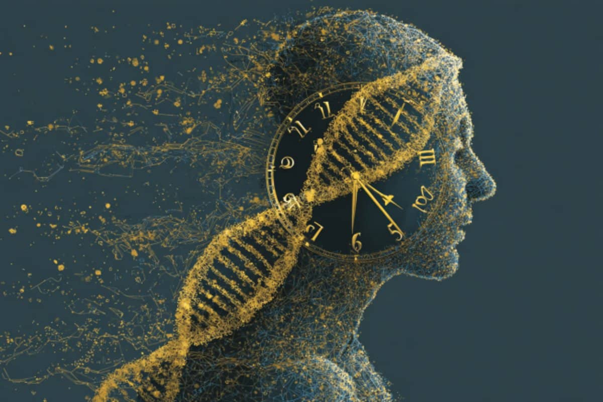 This shows the outline of a person, DNA, and a clock.