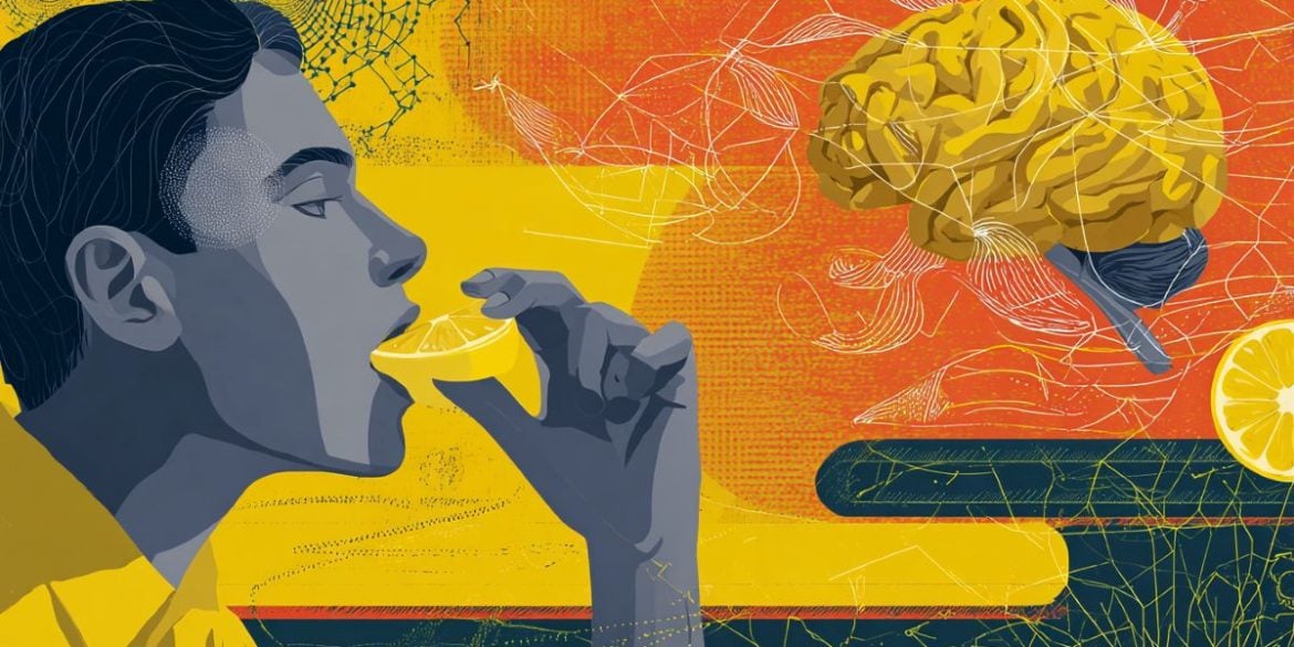 This shows a man eating a lemon, and a brain.