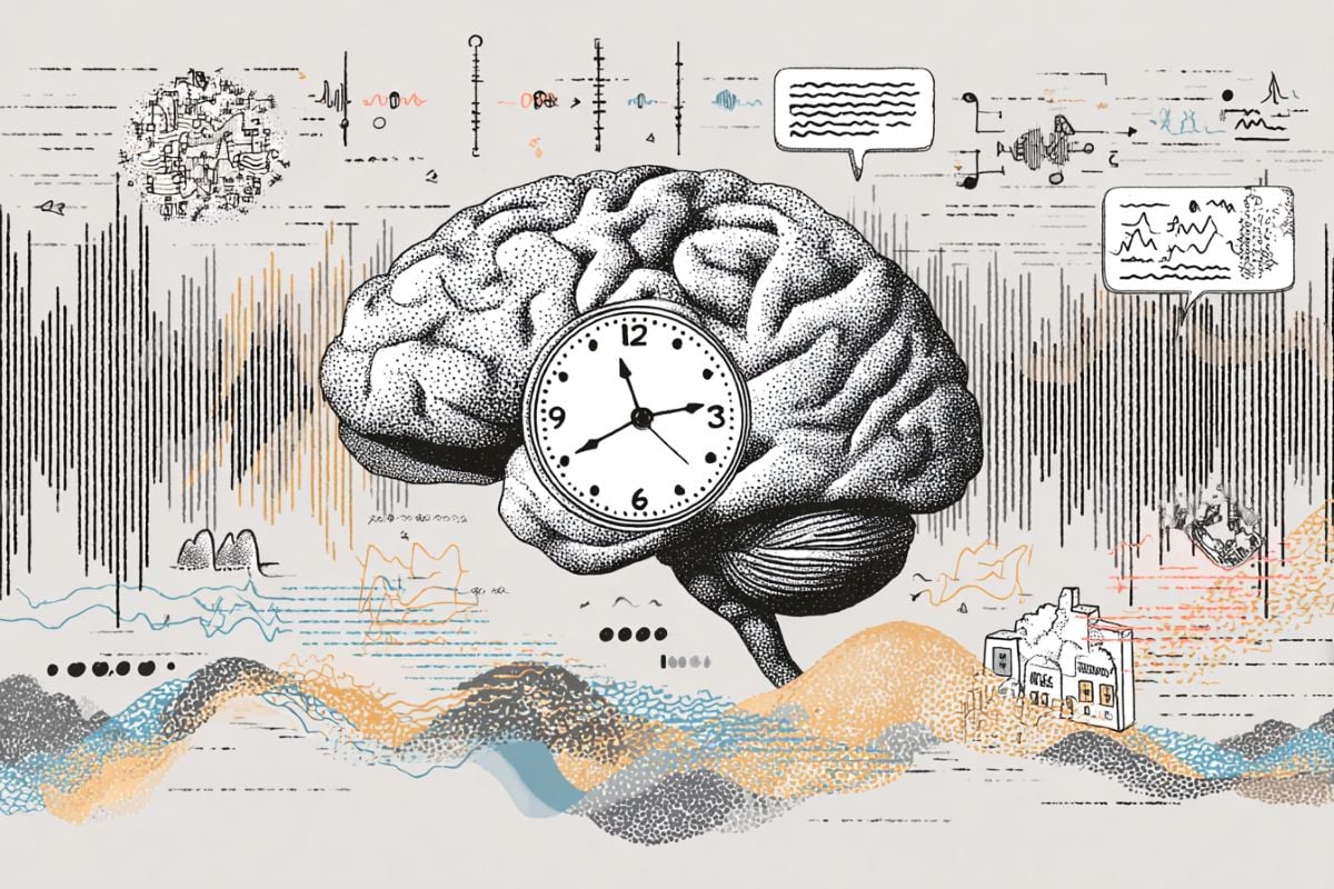 This shows a brain and a clock with speech bubbles.
