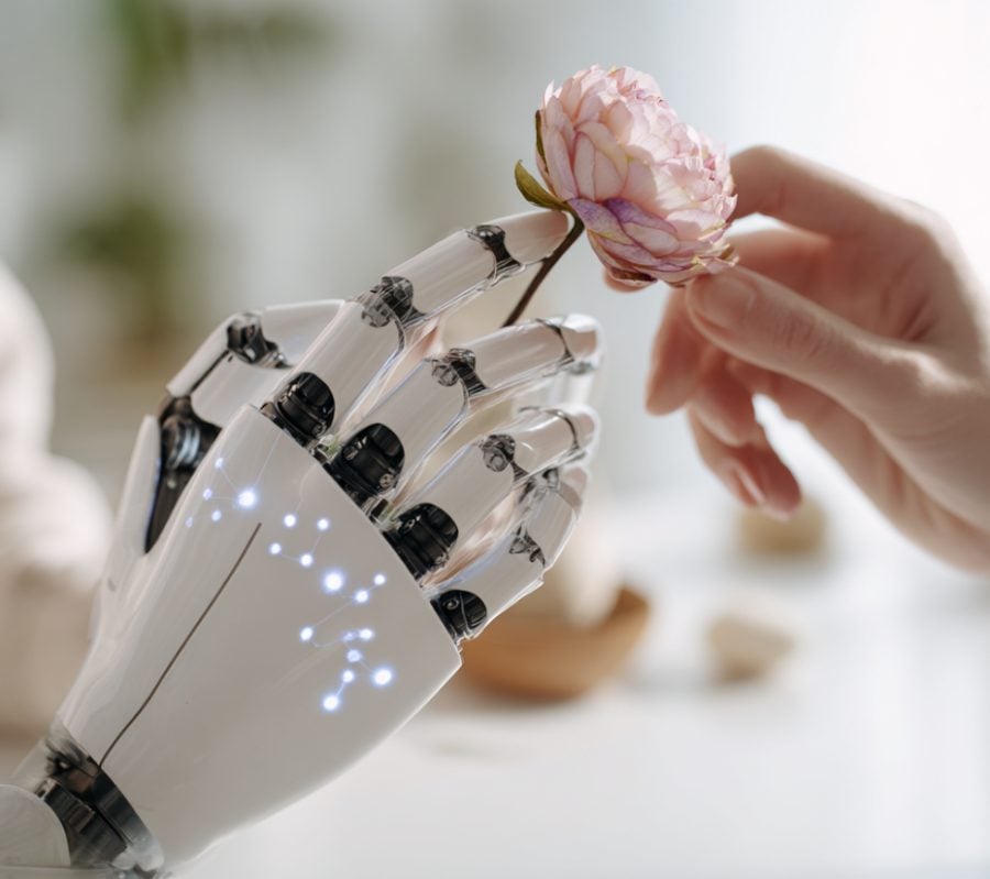 This shows a robotic hand touching a rose.