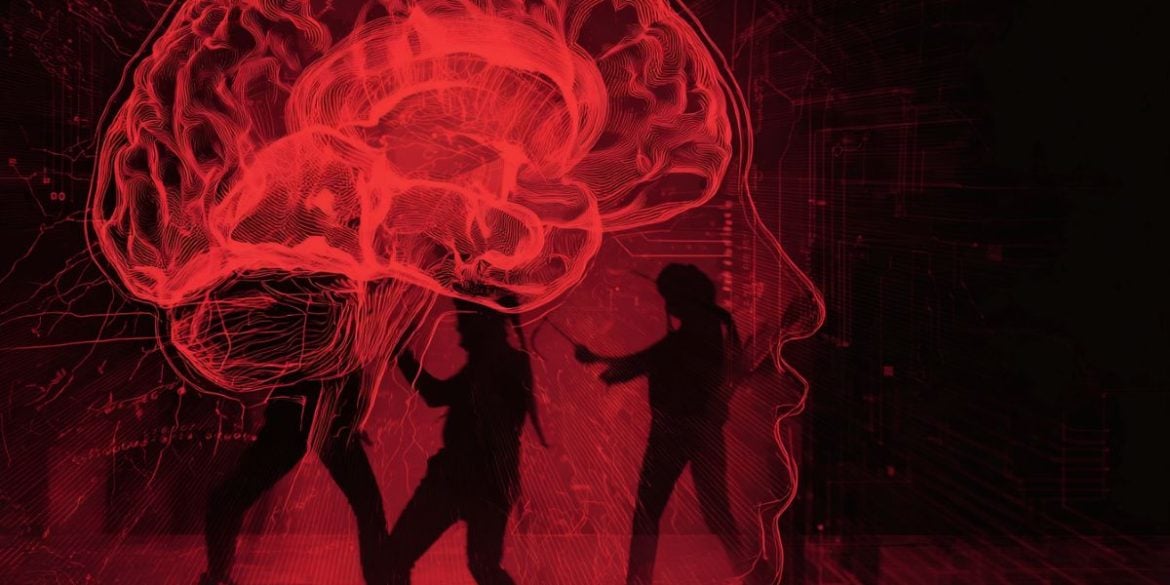 This shows the outline of a head and brain. Behind are two people fighting.