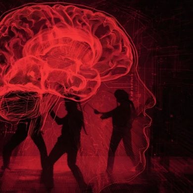 This shows the outline of a head and brain. Behind are two people fighting.