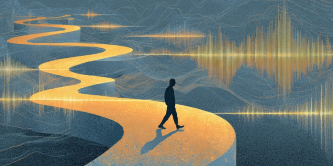 This shows a person walking and sound waves.