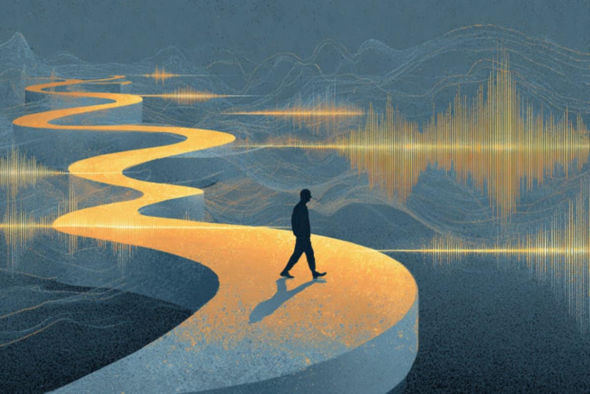 This shows a person walking and sound waves.