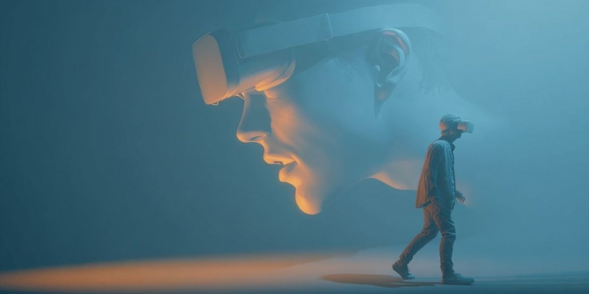 This shows a person walking away from an oversized face.