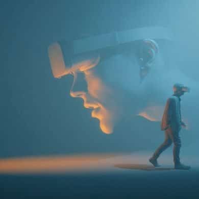 This shows a person walking away from an oversized face.