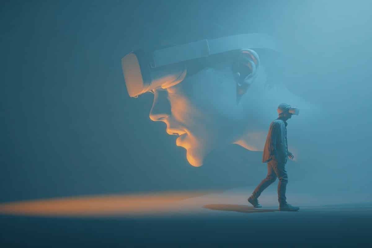 This shows a person walking away from an oversized face.
