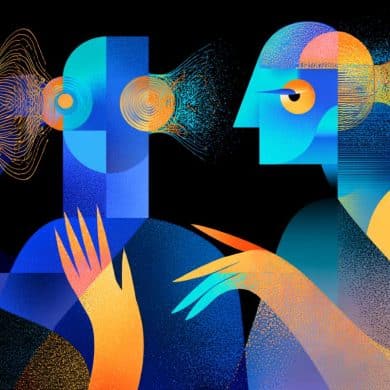 This shows two people listening to music and touching arms.
