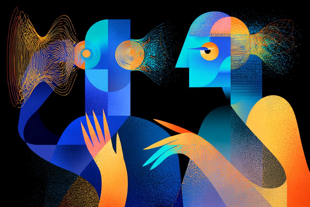 This shows two people listening to music and touching arms.