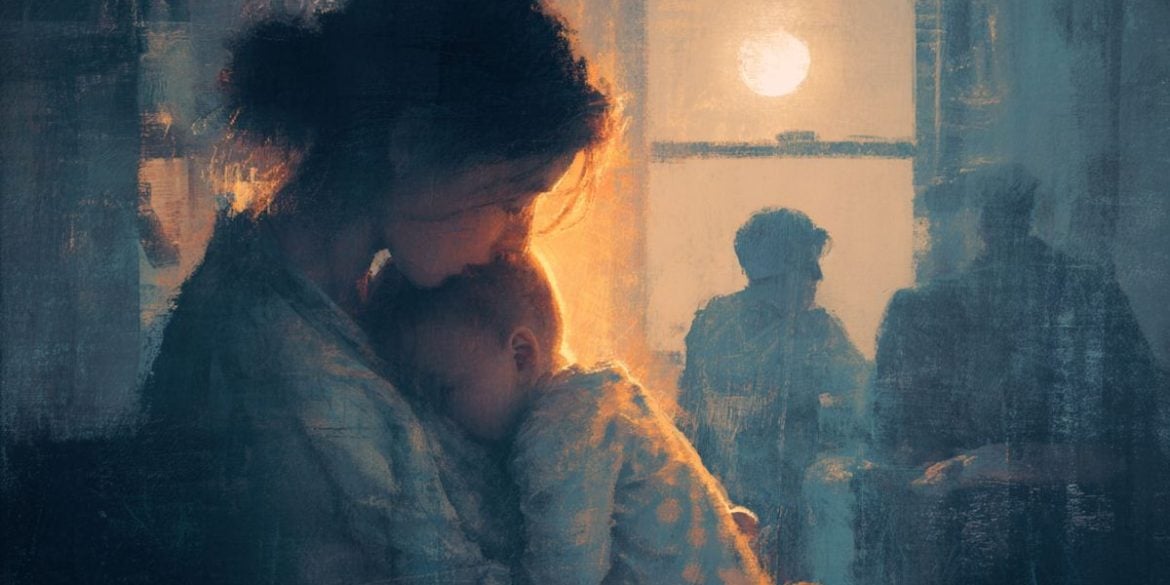 This shows a mom holding a baby at night.