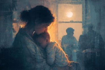 This shows a mom holding a baby at night.