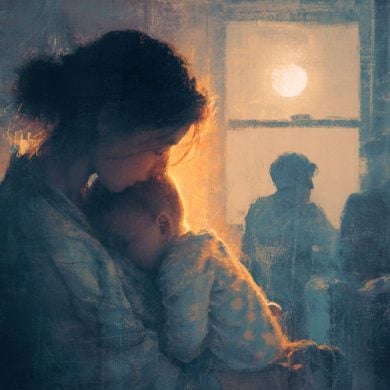 This shows a mom holding a baby at night.