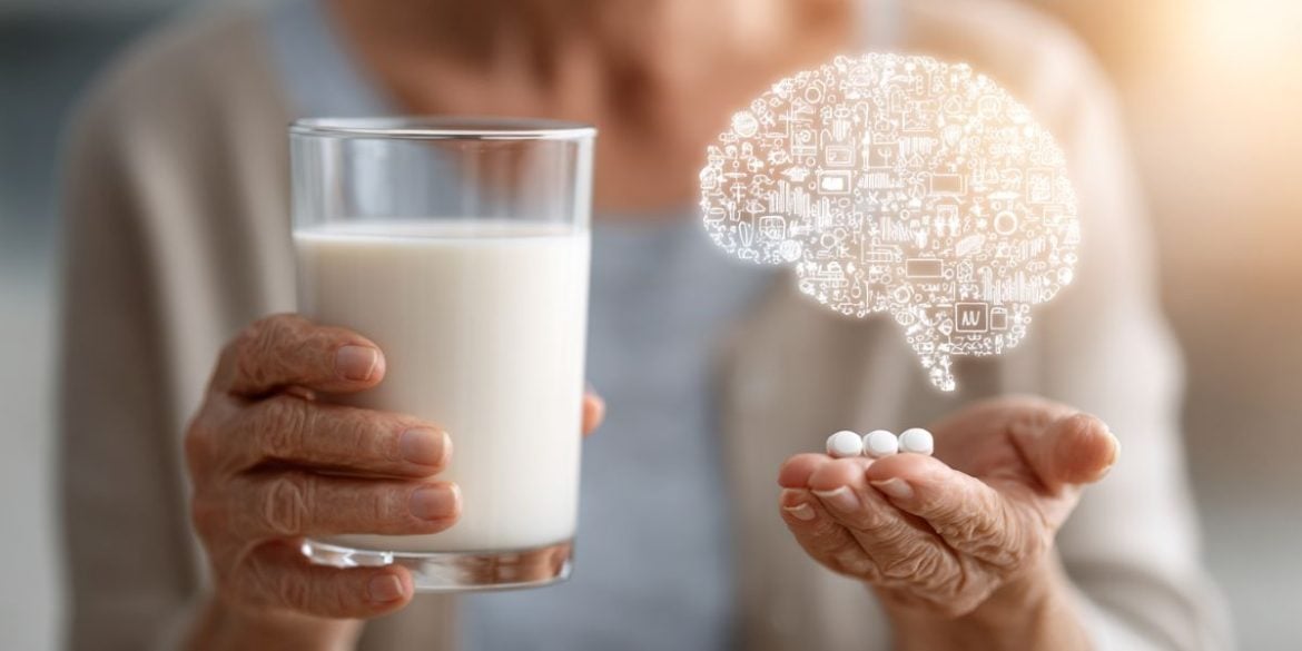 This shows a brain and a woman holding supplements.