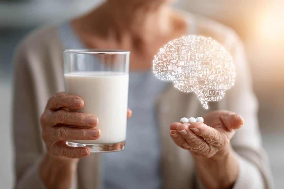 This shows a brain and a woman holding supplements.