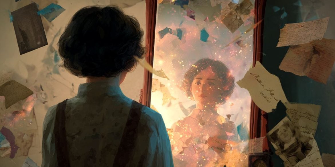 This shows a woman looking into a mirror. A child's face reflects back.
