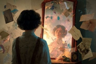 This shows a woman looking into a mirror. A child's face reflects back.