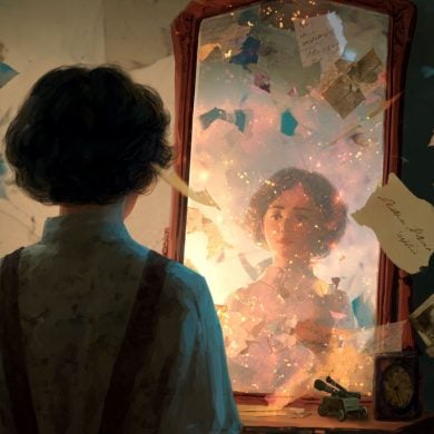 This shows a woman looking into a mirror. A child's face reflects back.