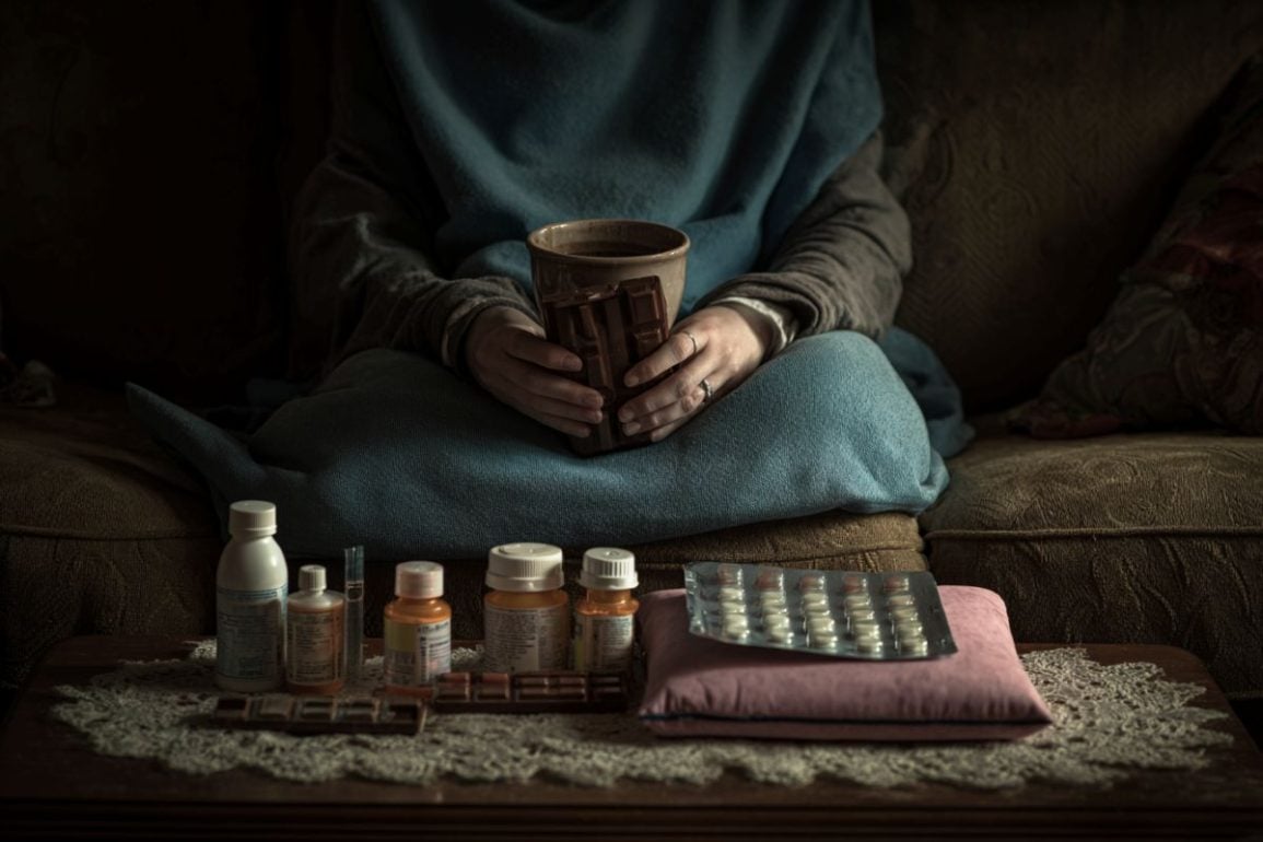 This shows a woman holding chocolate and a table with pain pills.