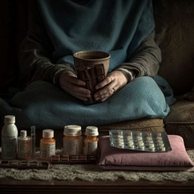 This shows a woman holding chocolate and a table with pain pills.