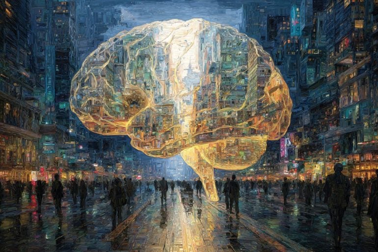 This shows a brain and people walking.