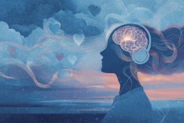 This shows a woman, hearts, a brain, and brain waves.