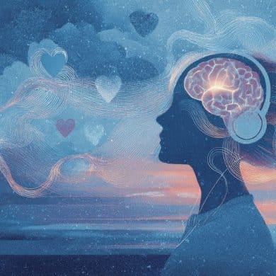 This shows a woman, hearts, a brain, and brain waves.