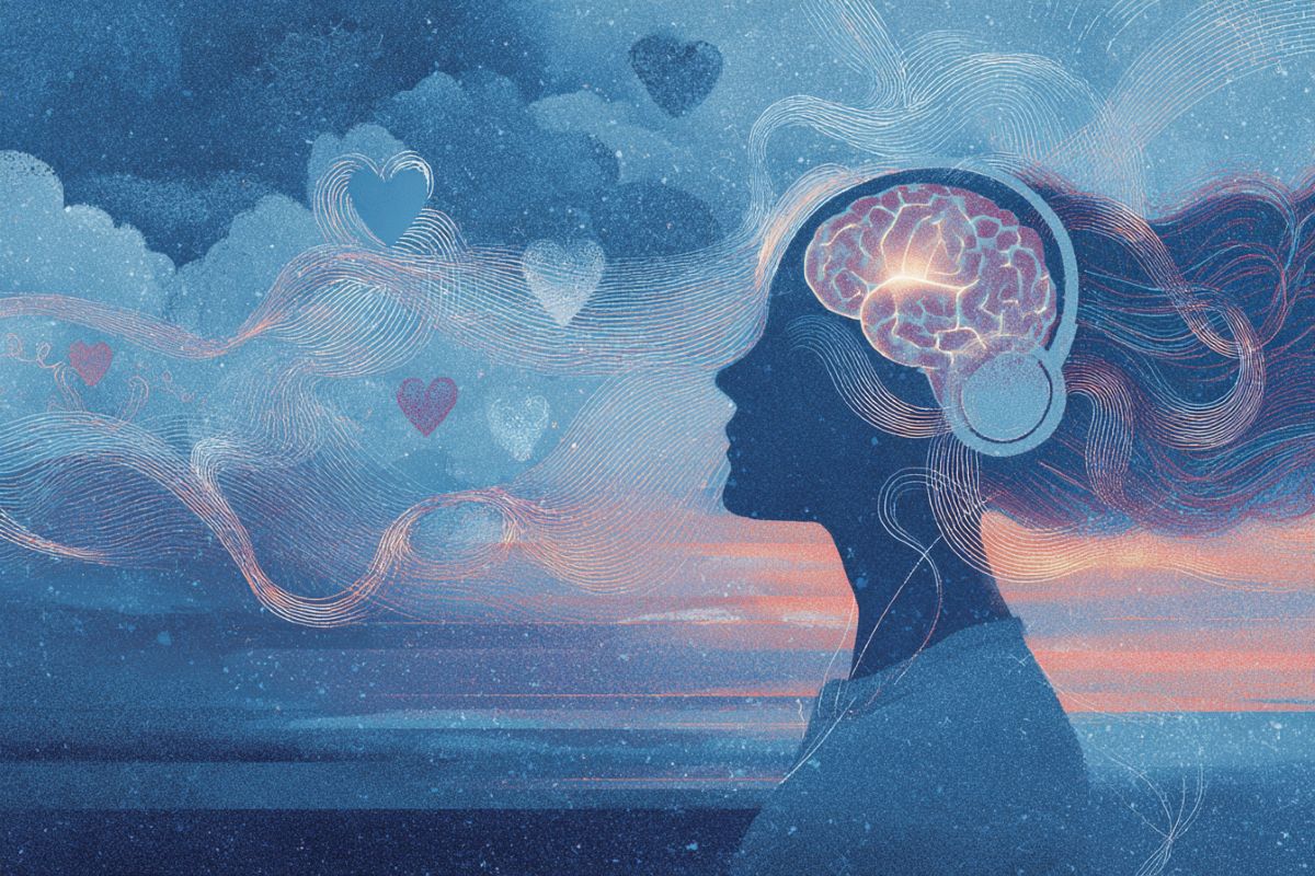 This shows a woman, hearts, a brain, and brain waves.