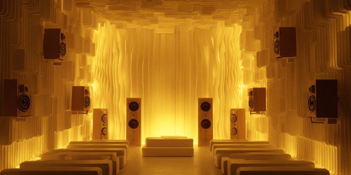 This shows a room full of speakers bathed in golden light.