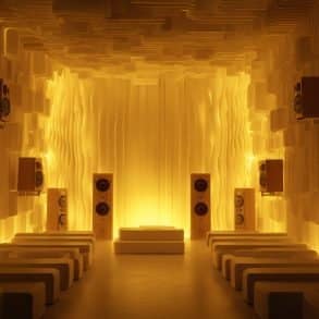 This shows a room full of speakers bathed in golden light.