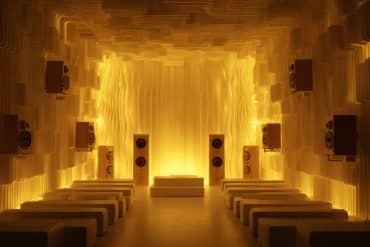 This shows a room full of speakers bathed in golden light.