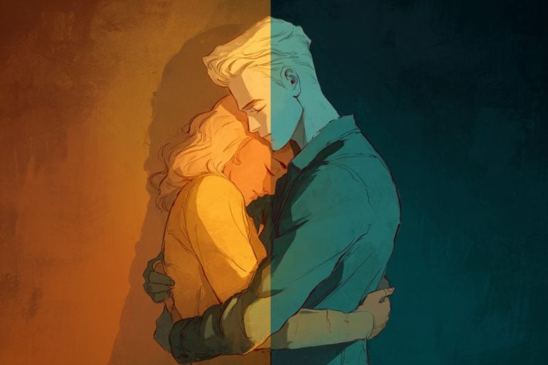 This shows a couple hugging.