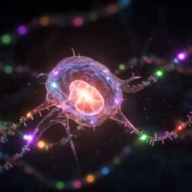 This shows a neuron and DNA.