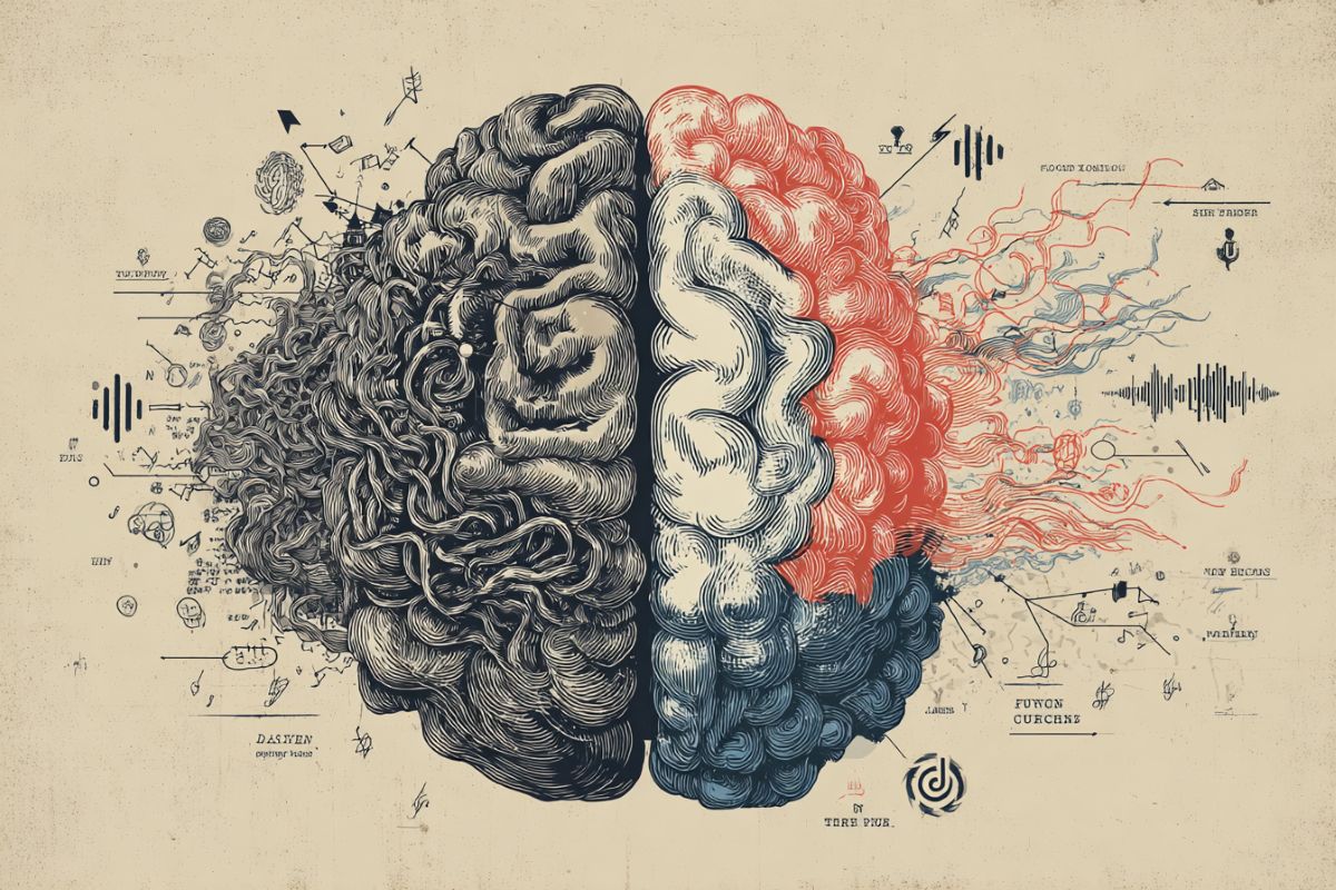 This shows a brain surrounded by "noisy" items, like music notes and people chewing.